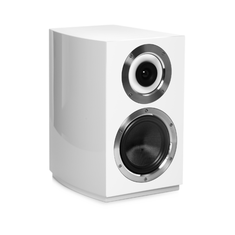 Cabasse Murano White two-way bookshelf speaker with a 1-inch tweeter and a 6. 5-inch woofer, silver driver rings.