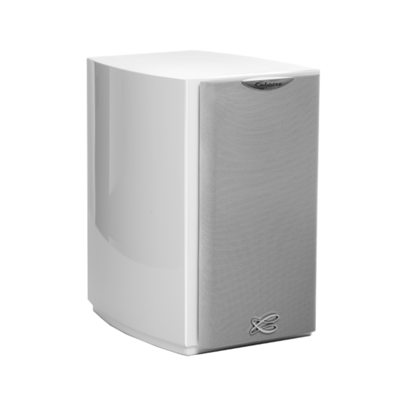 Cabasse Murano White curved bookshelf speaker with gray fabric front grille.
