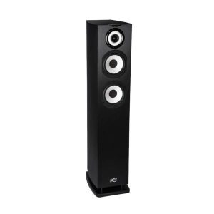 Tall black floor-standing speaker with three circular drivers and a low-profile base.