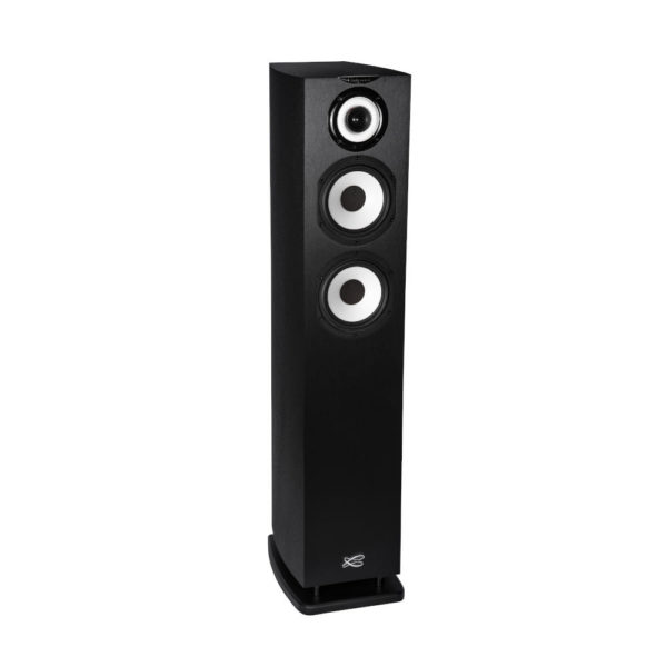 Cabasse Java Mc40 Tall black floor-standing speaker with three circular drivers and a low-profile base.