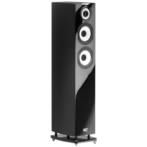 Cabasse Java Mc40 Tall black floorstanding speaker with glossy curved front panel and three drivers on a wheeled base.