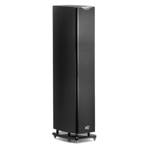 Cabasse Java Mc40 Tall black floor-standing speaker with a slim cabinet and vertical center seam on a circular metal base.