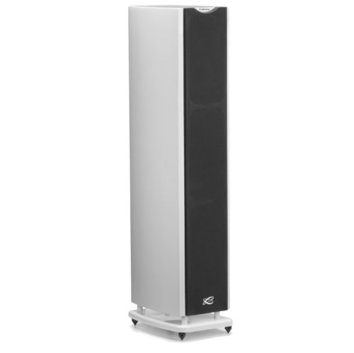 Cabasse Java Mc40 Floor-standing speaker with silver front and black side, on a wheeled white stand.
