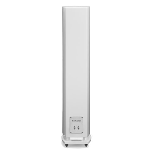 Cabasse Java Mc40 White floor-standing speaker with slim tall cabinet and small front control panel on a wheeled base.