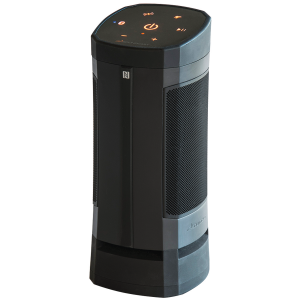 Denon portable Bluetooth speaker, tall cylindrical black unit with mesh grille, NFC logo and top controls.