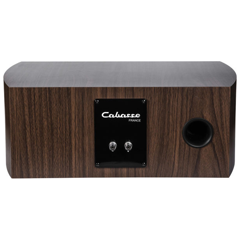 Cabasse Socoa Mc170 Calace france wooden speaker/subwoofer with black rear plate, two binding posts, and a rear-mounted circular port.