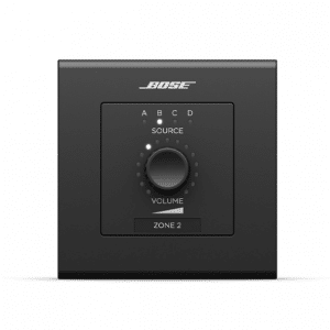 Bose zone control panel with a large central volume knob, A B C D source indicators, and Zone 2 label.