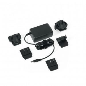 Black universal travel power adapter with multiple interchangeable plug heads for international use.