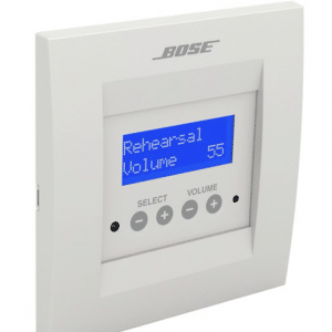 Bose wall-mounted volume control panel with blue LCD display and SELECT, VOLUME buttons.