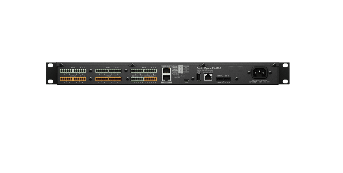 Bose Controlspace Ex-1280 Processor Rack-mount control panel with numerous terminal blocks, two ethernet ports, usb and power input, model ex-1280.