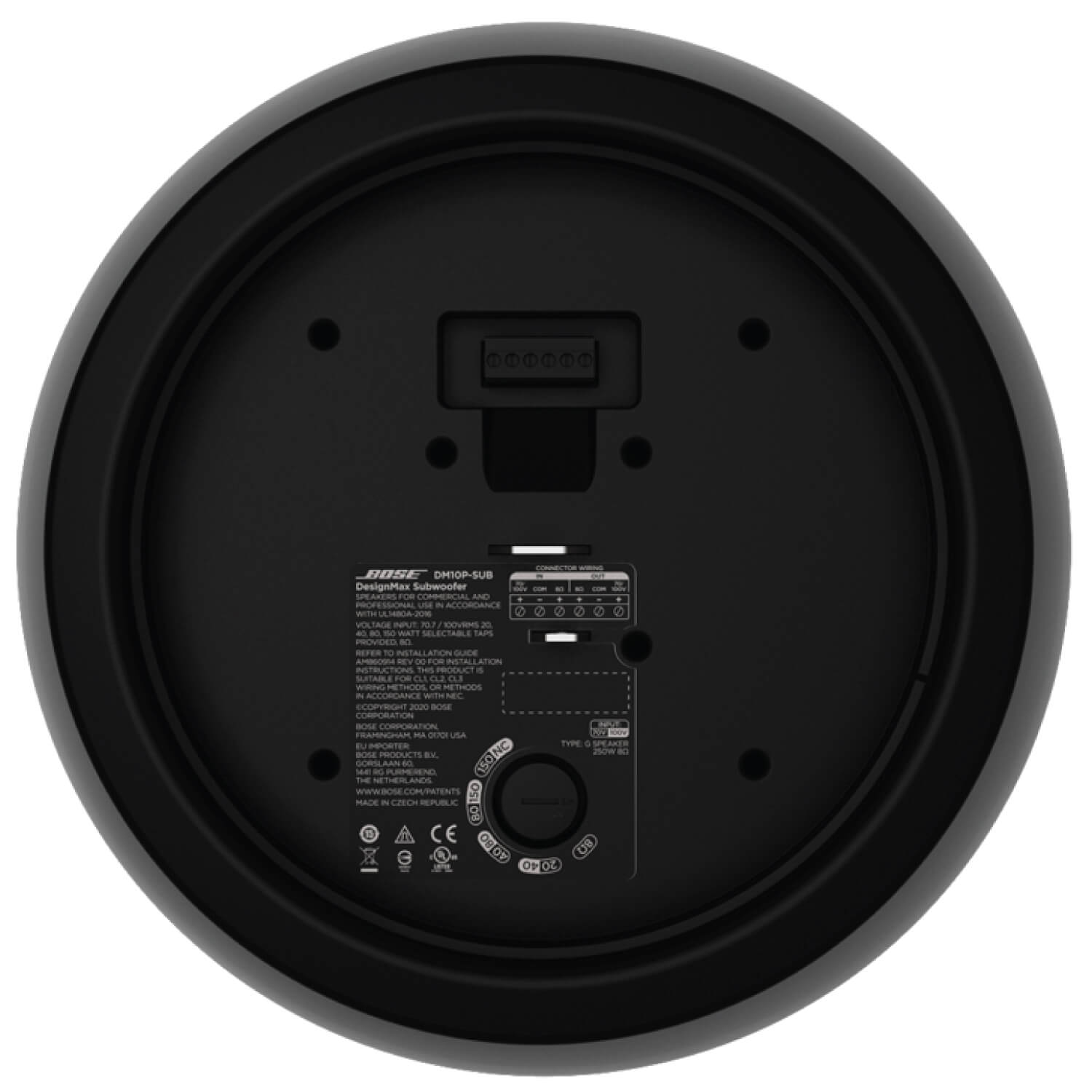 Bose Designmax Dm10P-Sub Single Bose designmax dm10p-sub circular black subwoofer bottom with a multi-pin terminal block.