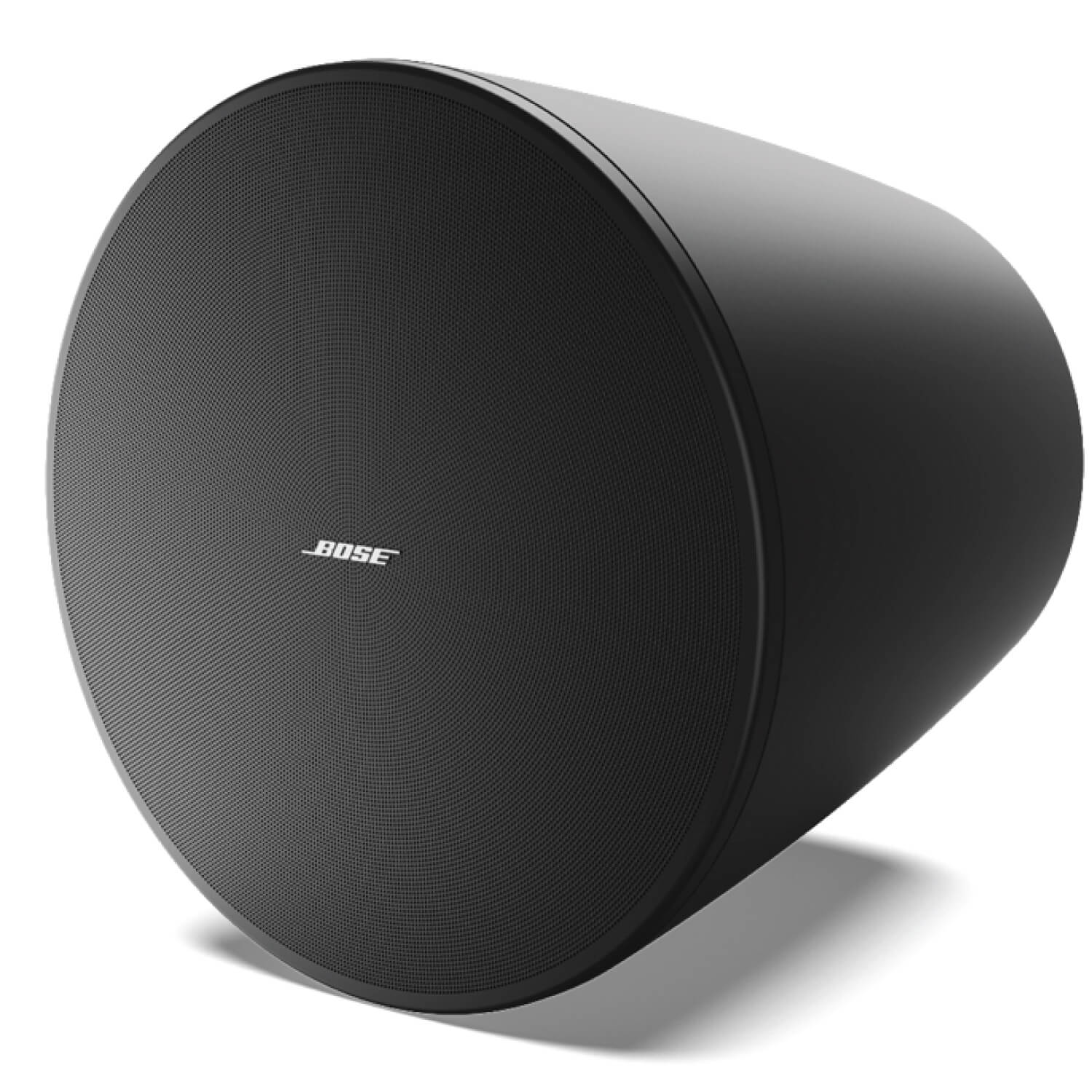 Bose Designmax Dm10P-Sub Single Bose cylindrical wireless speaker with black perforated front grille and matte black housing