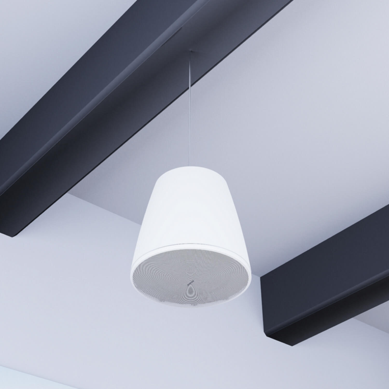 Bose Designmax Dm10P-Sub Single White cone pendant light suspended by a thin cord from the ceiling.