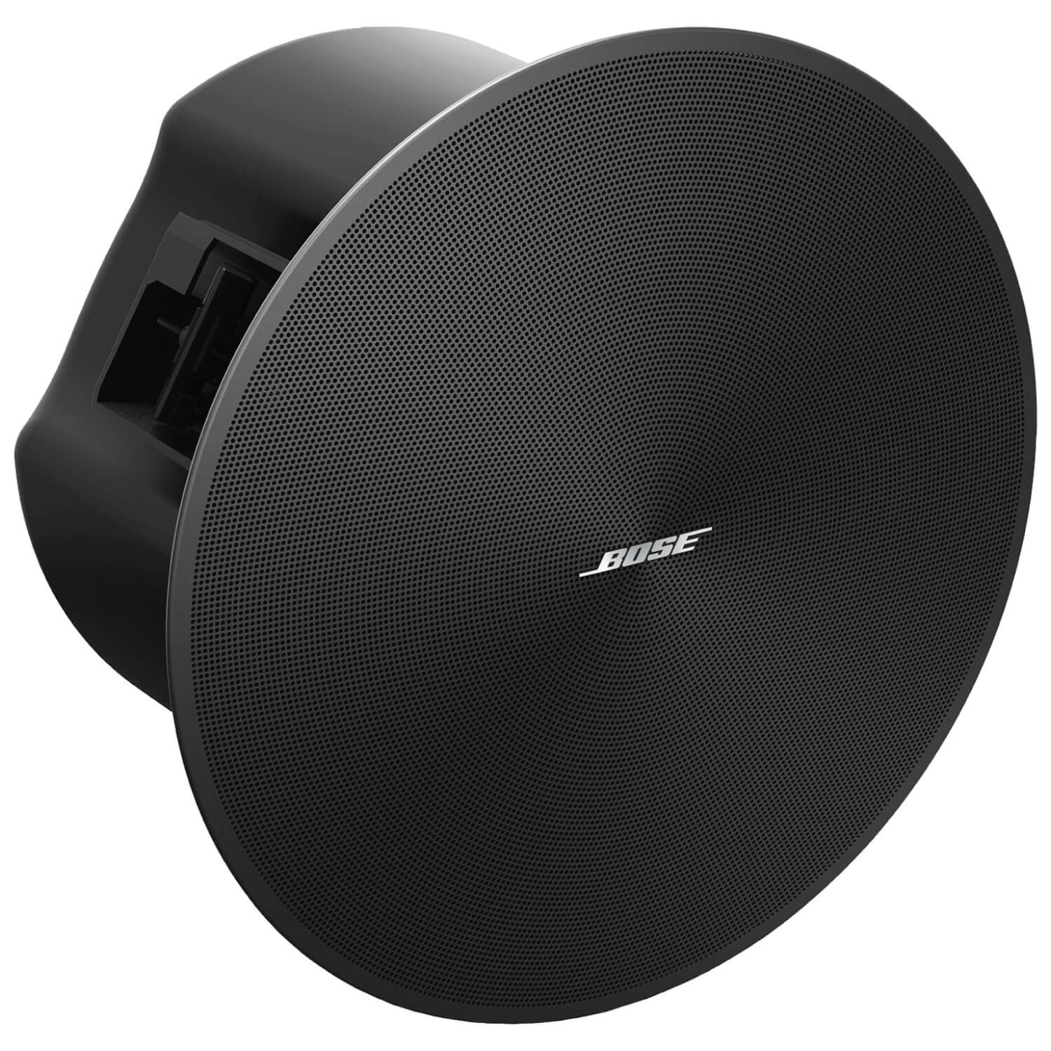 Bose Designmax Dm6C Pair Bose round black speaker with perforated grille and mounting bracket, front logo visible.