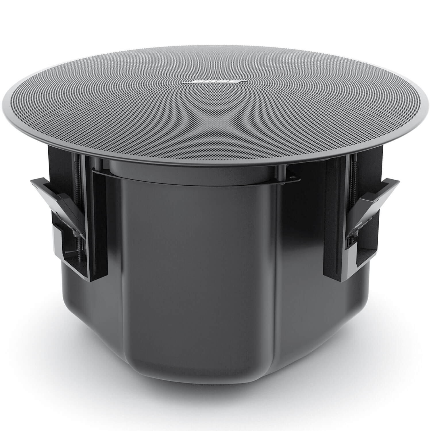 Bose Designmax Dm6C Pair Round ceiling speaker with perforated metal grille, black cylindrical housing, and side mounting brackets.