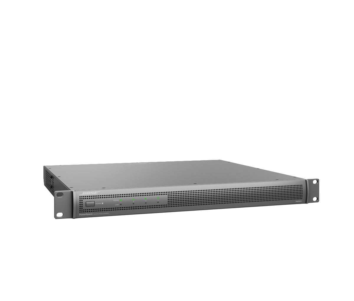 Bose Powerspace P4150+ Bose powerspace rack-mount power amplifier with perforated front, status leds, and power button.