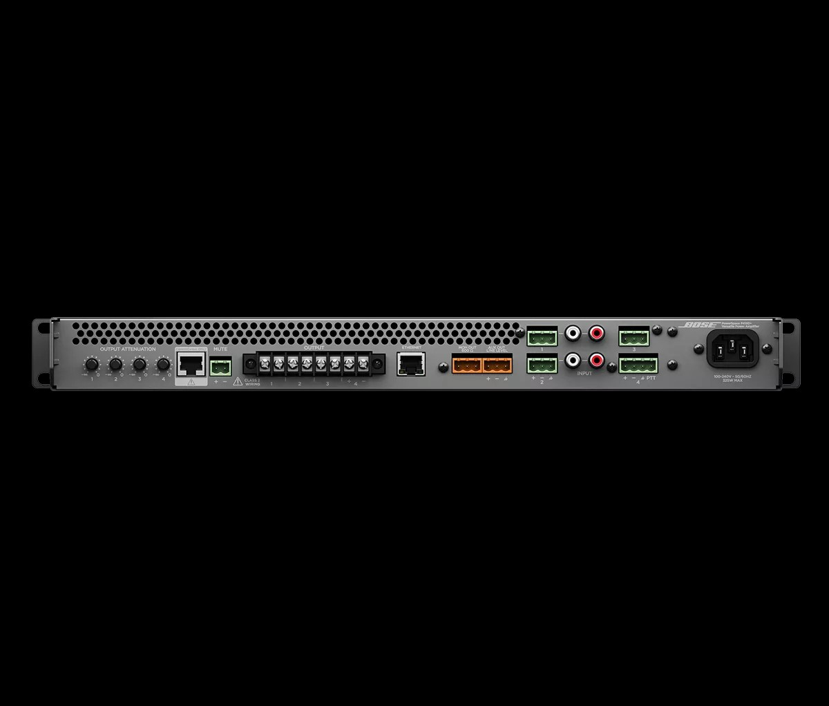 Bose Powerspace P4150+ Bose professional rack-mount power amplifier rear panel with green and orange terminal blocks, mute, and output attenuation controls.