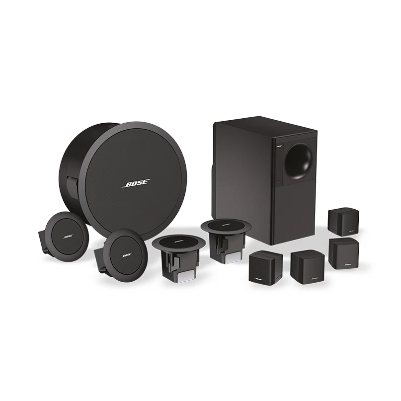 Bose Freespace 3 Flush Satellite Pair Bose 5. 1 surround speaker system with a round main subwoofer, compact round satellites, cube satellites, and a rectangular subwoofer module.