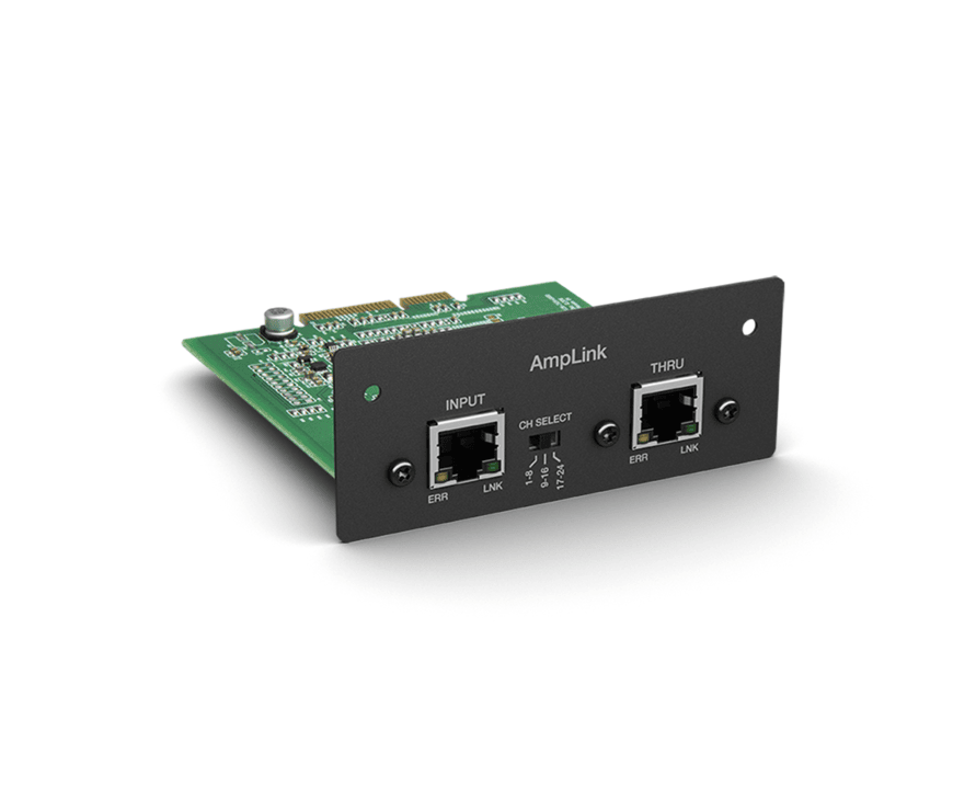 Bose Powermatch Amplink Card 24-Channel Amplink two-port input and thru interface on a green pcb, front panel with ch select and link/err leds.
