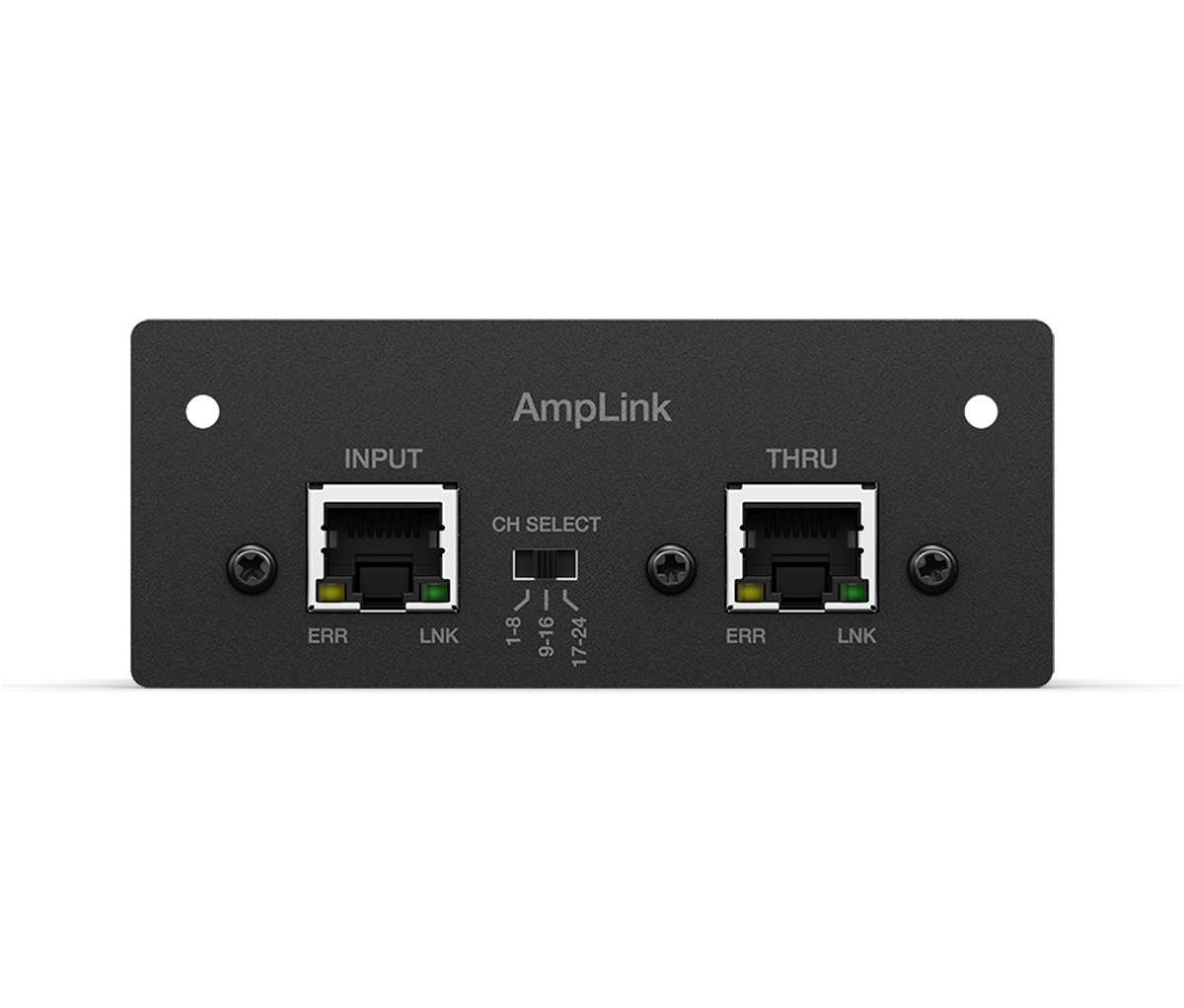 Bose Powermatch Amplink Card 24-Channel Amplink two-port network interface panel with input and thru rj45 jacks, ch select switch, and status leds.