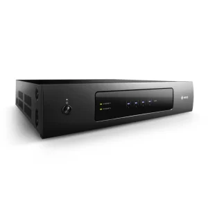 DENON Heos Drive HS2 Amplifier Black network switch with LED indicators, power button, and HEOS logo on the right.