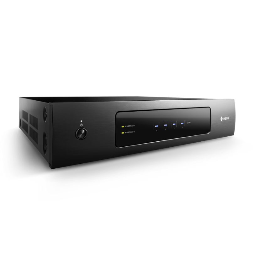 Denon Heos Drive Hs2 Amplifier Denon heos drive hs2 amplifier black network switch with led indicators, power button, and heos logo on the right.
