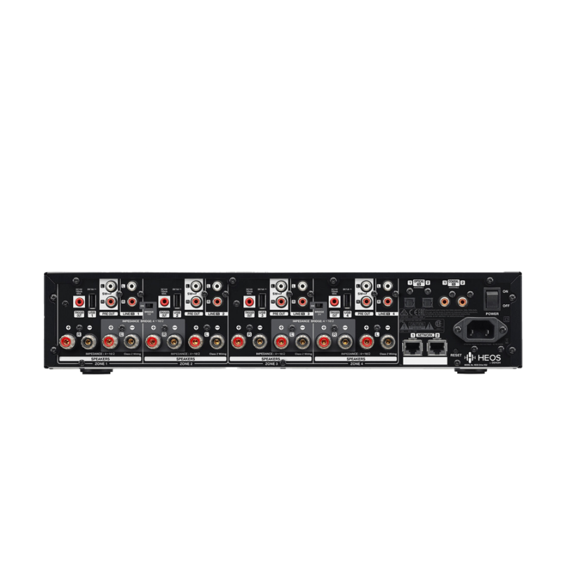 Denon Heos Drive Hs2 Amplifier Denon heos four-zone network amplifier back panel with multiple rca inputs and speaker terminals.