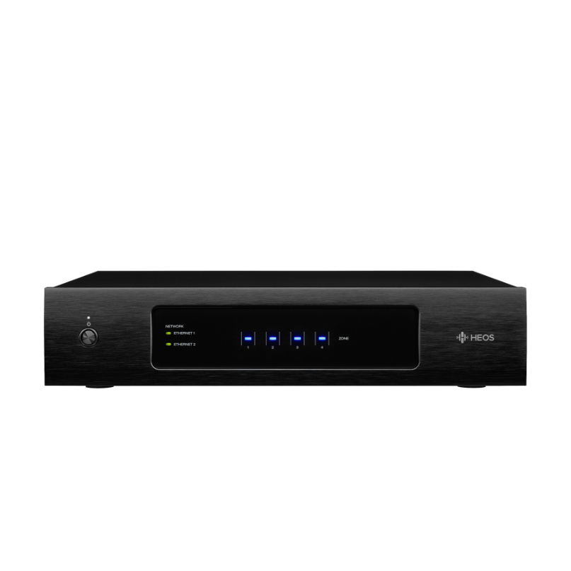 Denon Heos Drive Hs2 Amplifier Heos network audio streamer with brushed black front panel and blue led indicators.