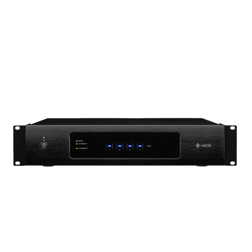 Denon Heos Drive Hs2 Amplifier Rack-mount heos network device with dual ethernet ports, power switch on left, and blue status leds on the front panel.