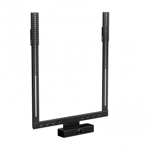 Black dual-rail TV wall mount with vertical rails and perforated crossbar for adjustable mounting.