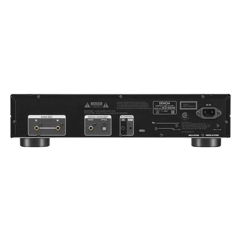 Denon Dcd-900Ne Denon compact disc player back panel with analog audio outputs, digital coax and optical outputs, ir control, and ac inlet.