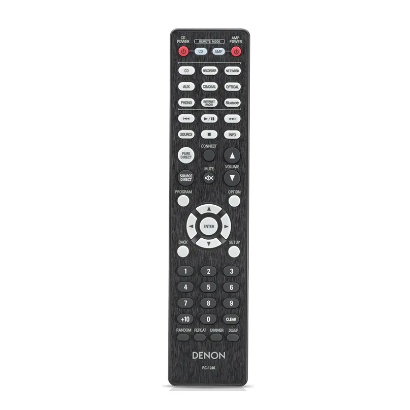 Denon Dcd-900Ne Denon rc-1246 universal remote control with a brushed black finish and circular navigation pad.
