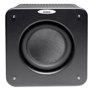 Velodyne black subwoofer with a round front driver covered by a mesh grille and a white Velodyne badge.