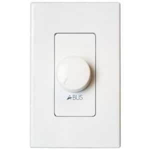 White single-gang wall dimmer switch with round rotary knob and ABUS branding.