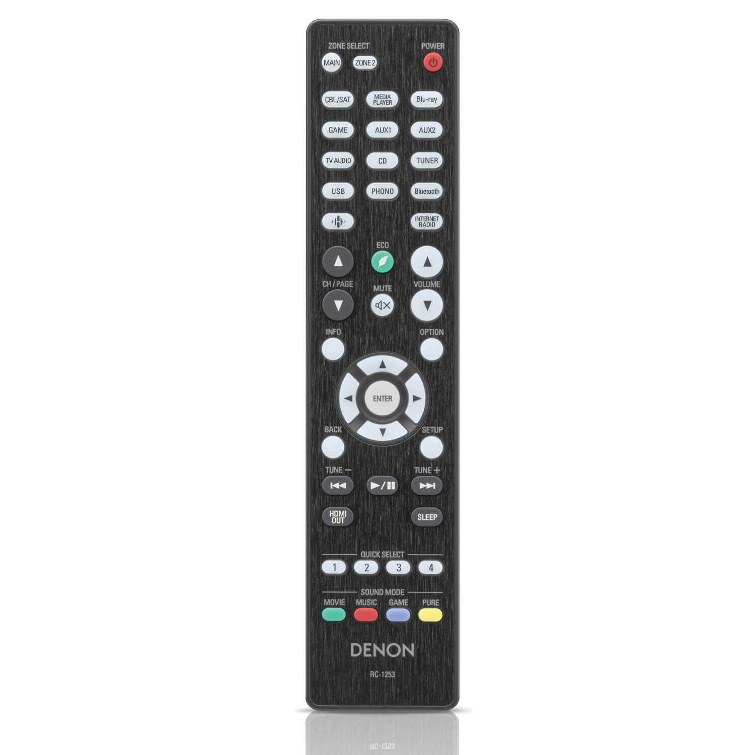 Denon Avr-X2800H 7.2Ch 8K Av Receiver Denon rc-1253 universal remote control with black brushed finish, white buttons, and circular navigation wheel.