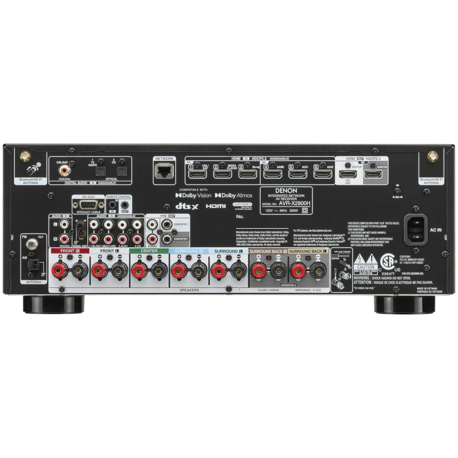 Denon Avr-X2800H 7.2Ch 8K Av Receiver Denon avr-x2800h network av receiver rear panel with hdmi inputs, speaker terminals, network port, and antenna connections.