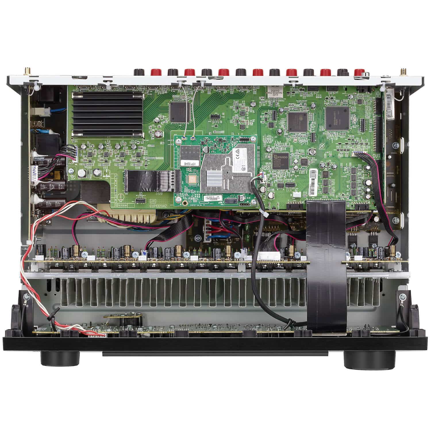 Denon Avr-X2800H 7.2Ch 8K Av Receiver Internal view of a rack-mount audio amplifier with green pcb, large heatsinks, and wiring.