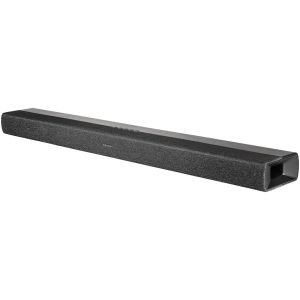 Denon soundbar with fabric grille, slim black rectangular design, front controls, long TV audio speaker.