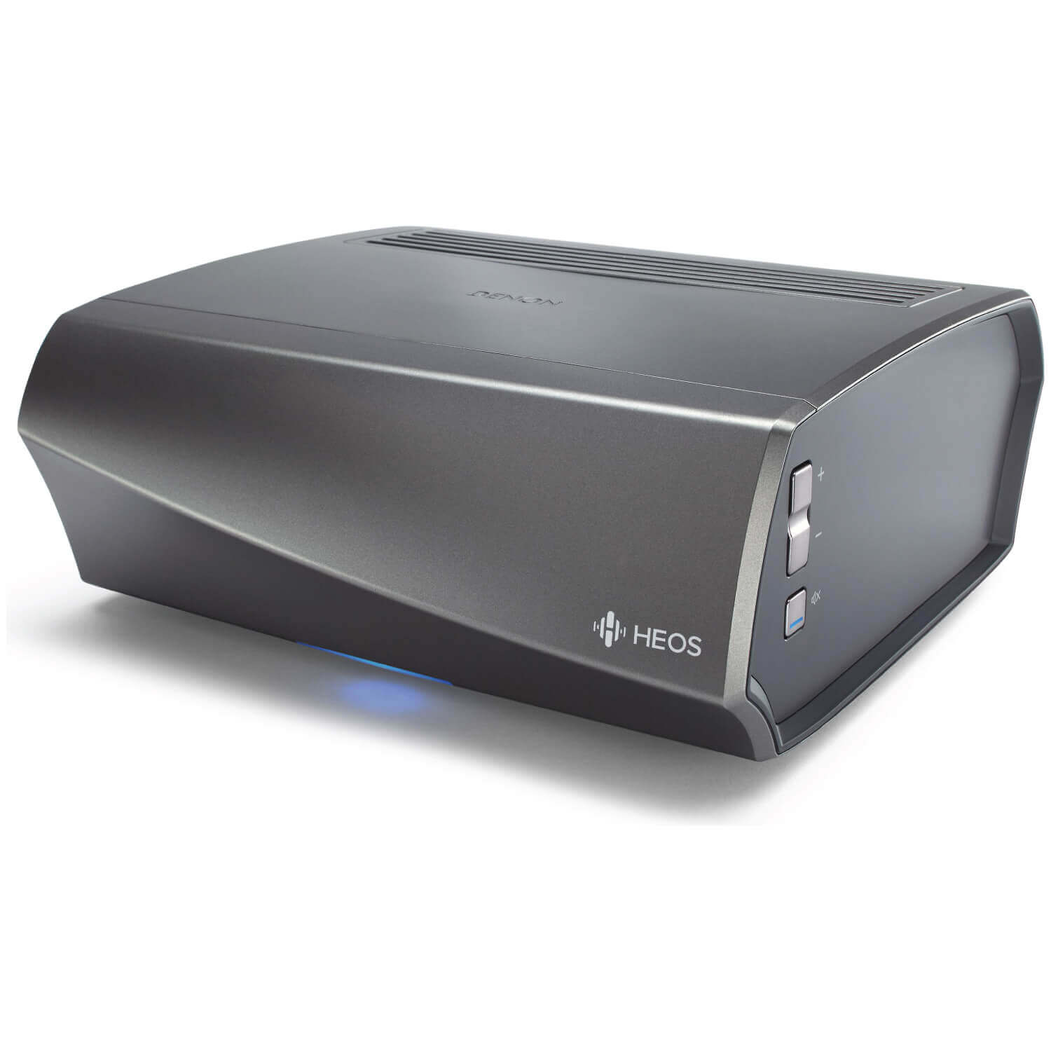 Denon Heos Amp Hs2 Denon heos wireless music streamer in dark gray curved chassis with vented top, front panel controls, blue led indicator.