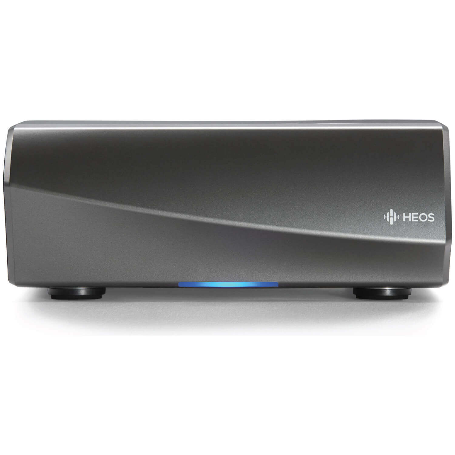 Denon Heos Amp Hs2 Heos wireless streaming device in metallic gray with a blue front led bar.