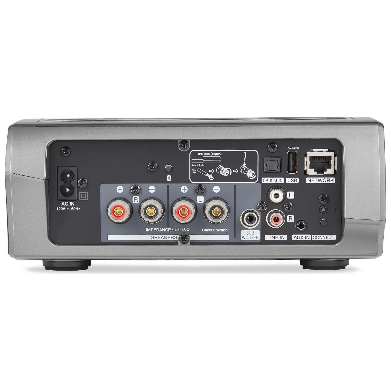 Denon Heos Amp Hs2 Rear view of a stereo amplifier with speaker binding posts, impedance label, and optical, usb, network, and line in connections.