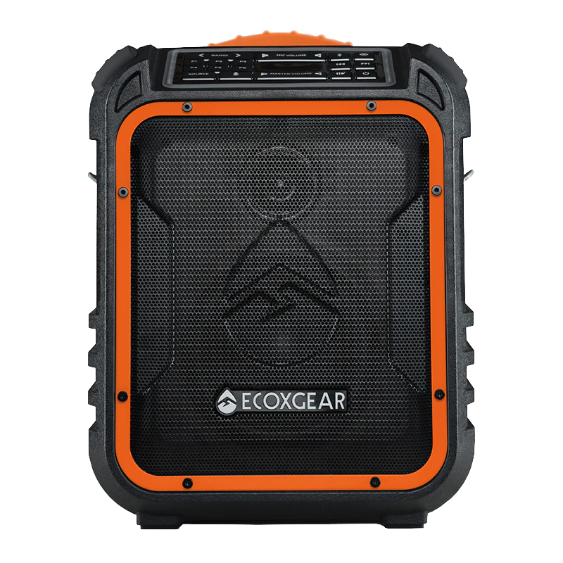 Ecoxgear Ecoxplorer Ecoxgear portable rugged bluetooth speaker with a black body and orange frame, front mesh grille, and top control panel.