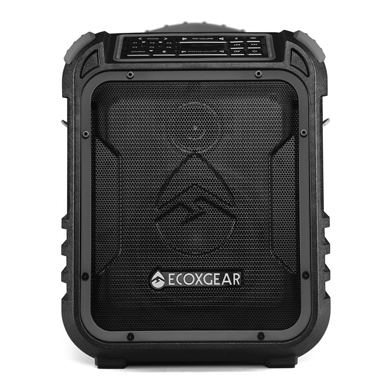 Ecoxgear Ecoxplorer Rugged black ecoxgear portable bluetooth speaker with a front grille and top control panel.