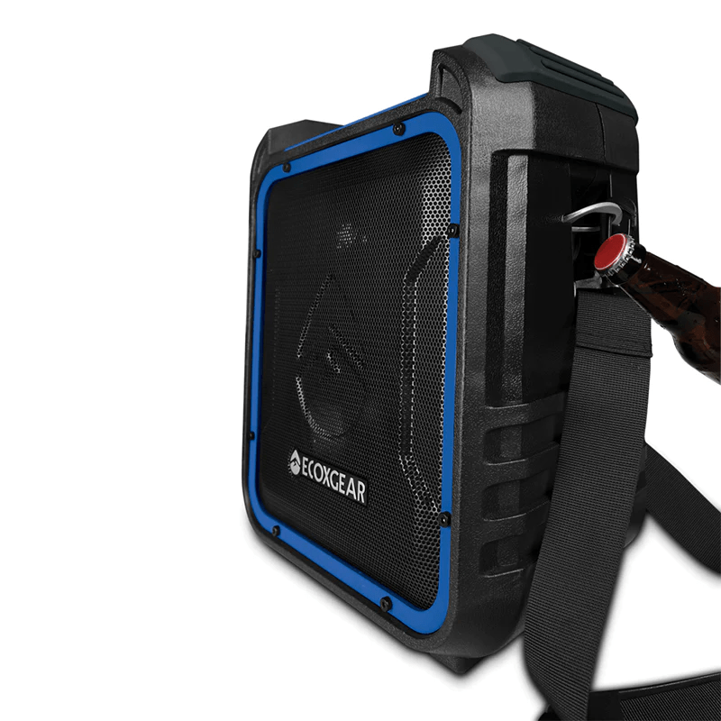Ecoxgear Ecoxplorer Rugged ecoxgear portable bluetooth speaker with blue trim, black mesh grille, and carrying strap.