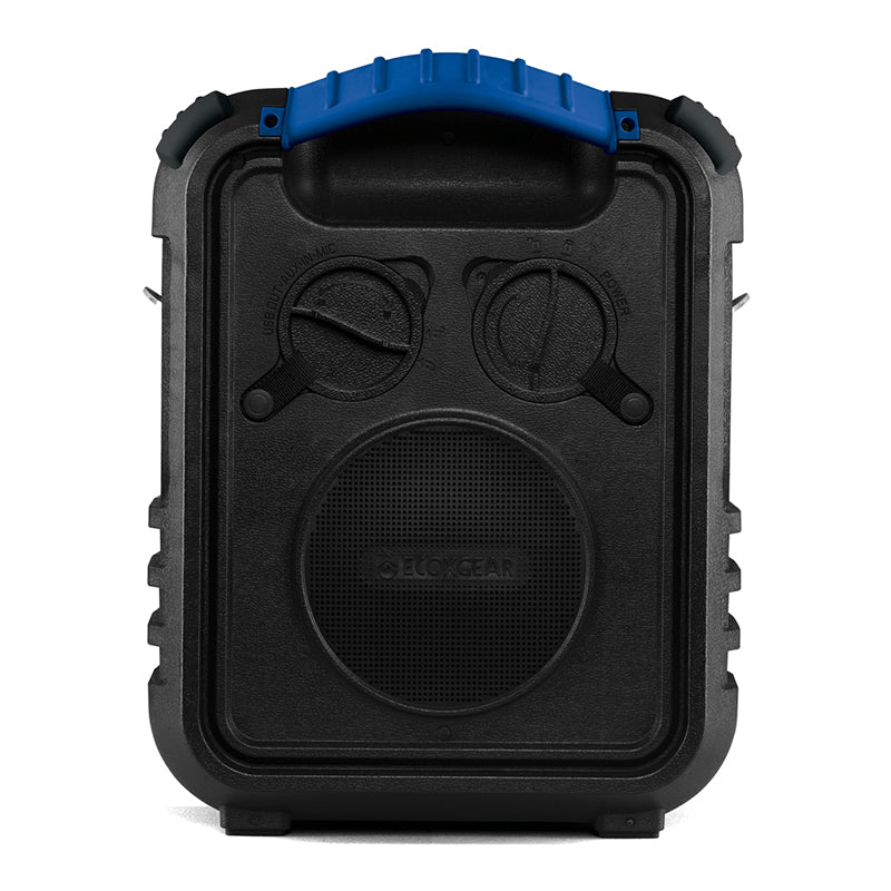 Ecoxgear Ecoxplorer Boxgear rugged portable bluetooth speaker with a blue top handle and two front dial controls.