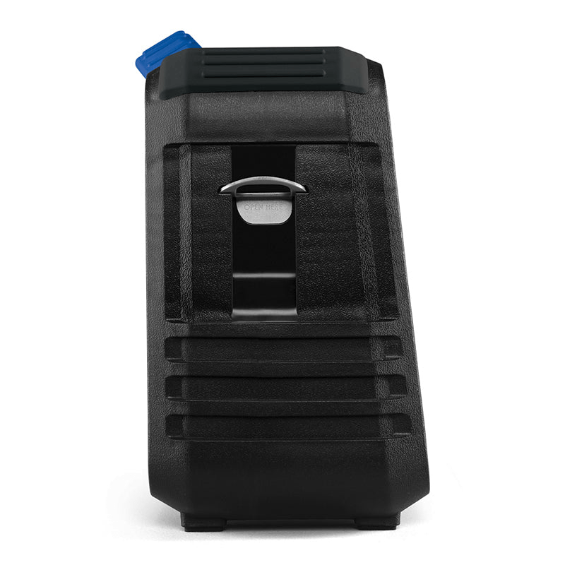 Ecoxgear Ecoxplorer Black portable battery pack with blue connector, vertical silhouette, textured case, and silver release latch.