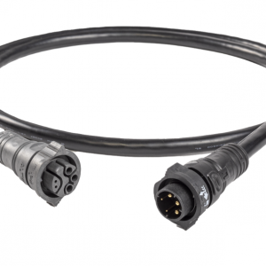 Dual-ended circular connector cable with rugged black sheath and screw-locking industrial connectors.