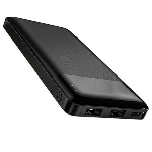 Black portable power bank with dual USB-A ports, carbon-fiber surface, power button, and LED indicators.