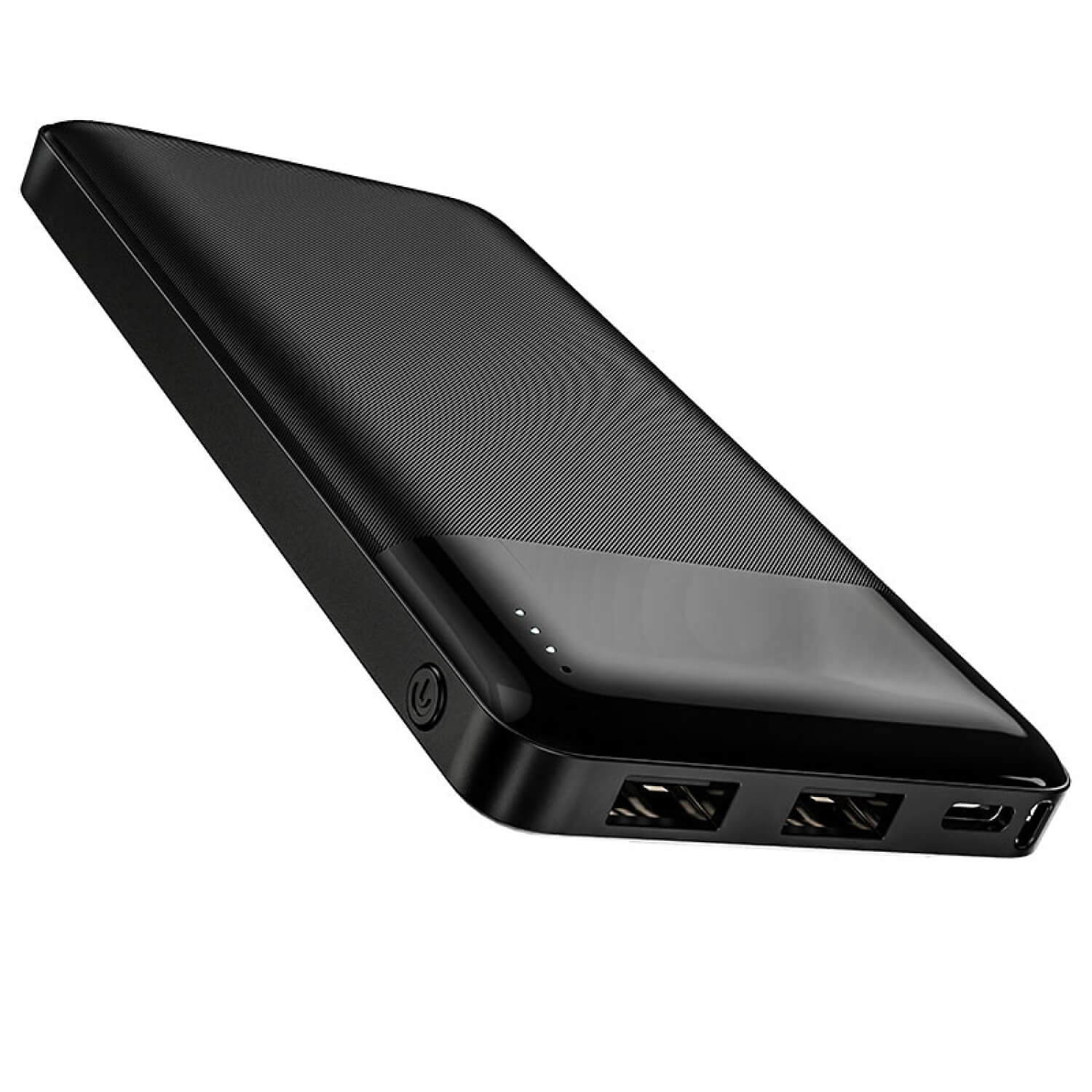 Hoco Power Bank “J72 Easy Travel” 10000Mah Black portable power bank with dual usb-a ports, carbon-fiber surface, power button, and led indicators.
