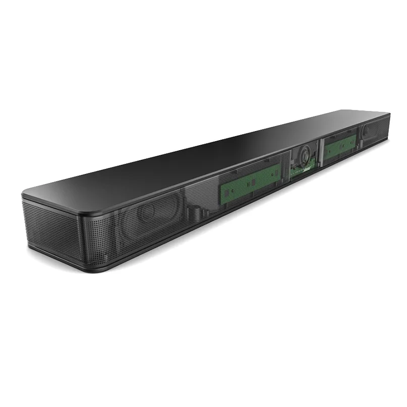 Bose Videobar Vb1 Long black soundbar with perforated front grille and exposed green circuit boards along the sides.